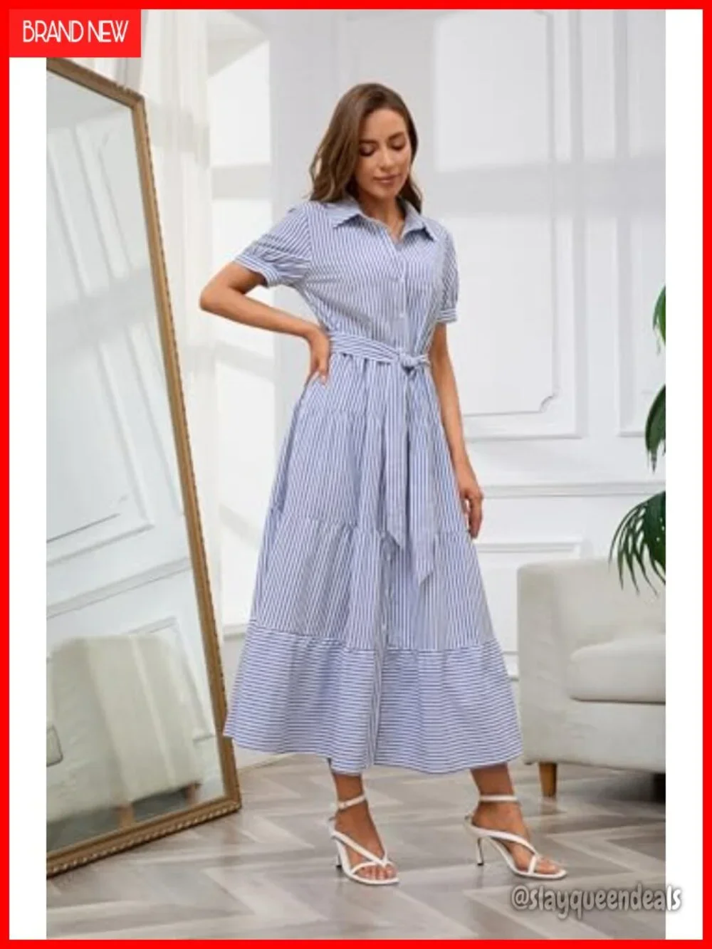 Women's Striped Button Down High Waisted Maxi Shirt Dress with Belt